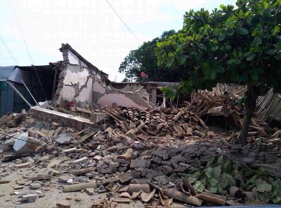 Collapsed building reduced to rubble after an earthquake, with debris scattered across the ground and green trees standing on the right.
