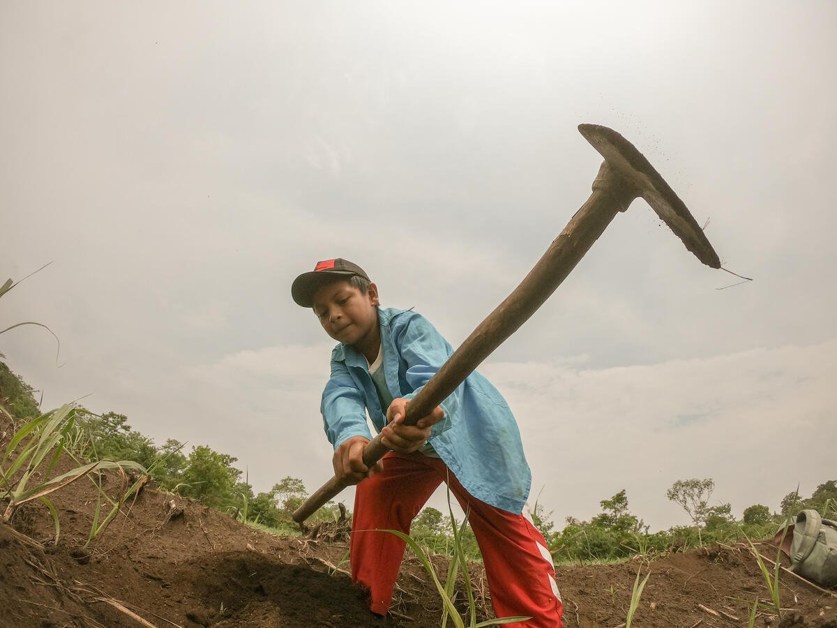 The camera captures a boy in El Salvador from the ground, surrounded by dirt and greenery. He wears a baseball cap, blue button-down shirt, and red pants, raising a hoe in his hands.
