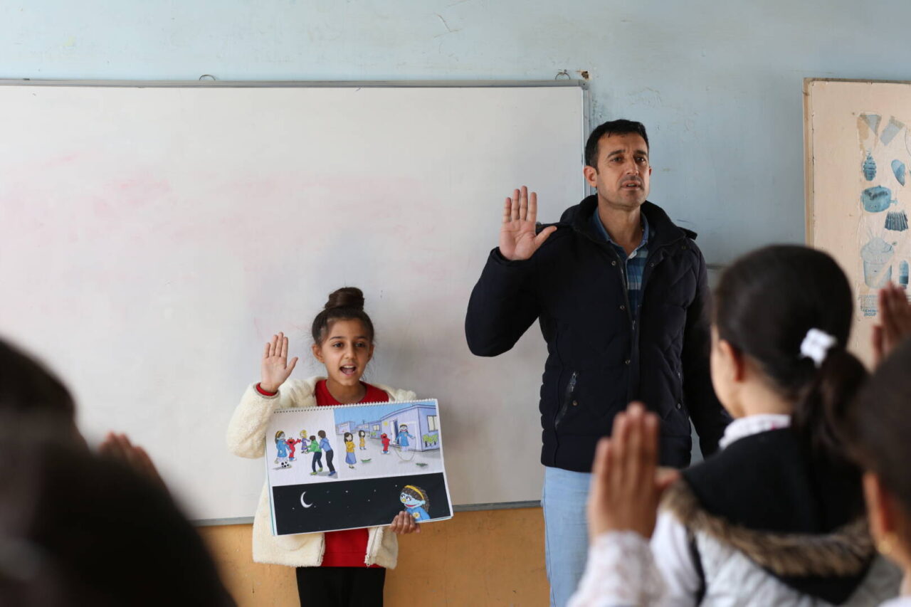Students at a school in Iraq learn about good hygiene behaviors through Sesame&rsquo;s WASH UP! program.