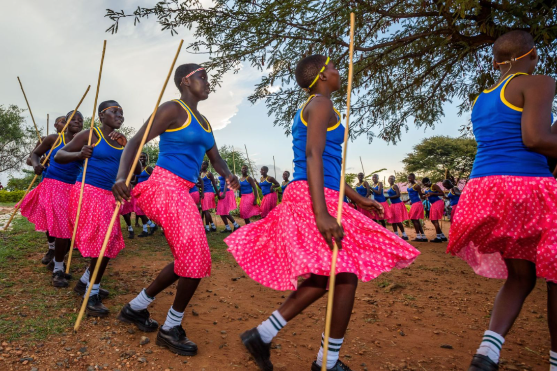 Students at St. Elizabeth Girls Secondary School celebrate their culture with a traditional Pokot dance. A number of the students are there on scholarship, having fled home to escape child marriage and female genital mutilation.