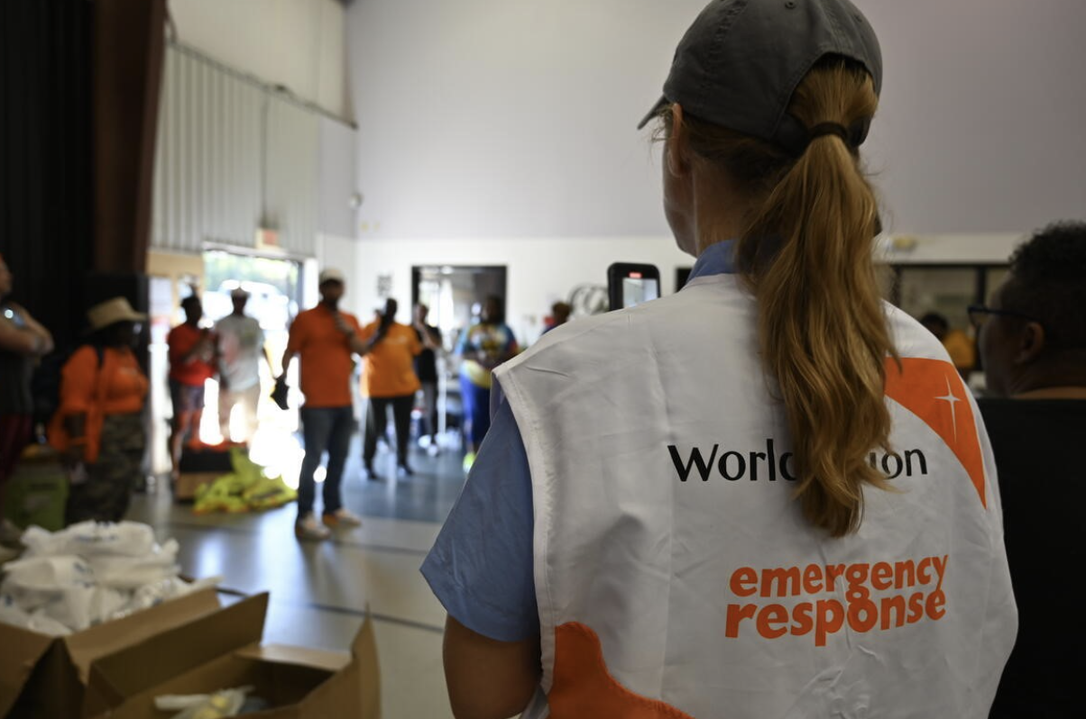 World Vision staff and volunteers from St. John Baptist Church in Arden, North Carolina, organize distribution of Hurricane Helene disaster relief supplies for distribution on October 5. (&copy; 2024 World Vision/photo by Tom Costanza)&nbsp;